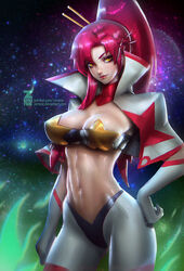 1girls abs bra breasts choker cleavage female female_only gloves jacket large_breasts navel paul_kwon ponytail red_hair solo space space_yoko standing tengen_toppa_gurren_lagann tied_hair yellow_eyes yoko_littner zeronis