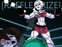 2girls abs athletic_female biceps big_breasts bloody_nose boxing boxing_gloves boxing_ring bruise bruise_on_face bruised defeated defeated_female deviantart_link muscular_female muscular_legs raffle_prize red_shorts red_sports_bra sadistic_smile saigo_ni_hitotsu_dake_onegai_shitemo_yoroshii_deshou_ka scarlet_el_vandimion shiny_skin smile tagme teeth thick_thighs toned_female triumphant unhinged-honey victorious_female victory white_hair