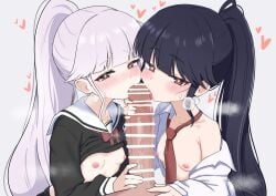 1boy 2girls absurdres bar_censor black_hair blush breasts censored clothes_lift commentary cooperative_fellatio fan_request fellatio ffm_threesome grey_hair group_sex high_ponytail highres large_penis multiple_girls nipples oldsickkim oral original penis penis_grab ponytail pov pov_crotch school_uniform serafuku shirt shirt_lift small_breasts straight teamwork_(sexual) threesome white_shirt