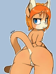 2018 anthro anus ass blue_background blue_eyes breasts brown_fur enico eyelashes feline female female_focus female_only fur furry furry_only hair half-closed_eyes kaitoh looking_at_viewer looking_back mammal multicolored_fur naked nude orange_hair pink_nose pussy raised_tail rear_view sideboob simple_background small_breasts solo solo_female solo_focus standing tail tan_fur white_fur