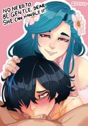 1boy 2girls age_difference assisted_fellatio black_hair blue_hair cheating_(relationship) clancy_(clancyblend) cooperative_fellatio dizzy_(guilty_gear) encouragement fellatio female_focus femdom ffm_threesome group_sex guilty_gear guilty_gear_strive hair_over_one_eye hand_on_another's_head lingerie mature_female mother_and_daughter multiple_girls netorare older_female_and_younger_female oral penis pov queen_dizzy red_eyes teamwork_(sexual) threesome underwear unika_(guilty_gear)