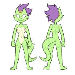 2018 3_toes 5_fingers anthro barbed_tail breasts clenched_fists crown digital_media_(artwork) eyelashes female green_eyes green_scales green_skin hair lizard long_tail looking_at_viewer midori_(miscon) miscon model_sheet navel nipples pose purple_hair pussy rear_view reptile scales scalie short_hair smile solo standing tiara toes white_skin