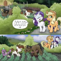 anus applejack_(mlp) balls cottage_(building) diphallia diphallism eyelashes fan_character female fence feral flower friendship_is_magic garden hemipenes male multi_penis my_little_pony penis pipsqueak plant pussy rarity_(mlp) smudge_proof spike_(mlp) tentacle