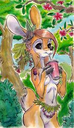 anthro beads beverage black_eyes black_nose breasts brown_hair cervine deer eyelashes female flower food hair hair_adornment hooves mammal navel outside pinderhooks plant pussy solo straw tree