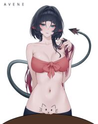 animal_ears artist_name avene_chan black_hair black_shorts body_writing breasts cleavage commentary crop_top do_you_want_to_pet_my_cat_(meme) english_commentary female female_torso green_eyes highres jane_doe_(zenless_zone_zero) large_breasts long_hair looking_at_viewer meme mouse_ears mouse_girl mouse_tail multicolored_hair navel pussy red_hair shorts simple_background solo stomach tail two-tone_hair very_long_hair white_background zenless_zone_zero