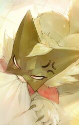 3_fingers 3gs ambiguous_gender anthro ass biped claws finger_claws fingers fur generation_9_pokemon green_body green_fur green_tail hi_res inside looking_at_viewer meowscarada nintendo nude nude_ambiguous nude_anthro pokemon pokemon_(species) red_eyes solo tail teeth