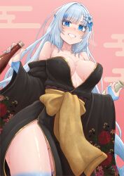 absurdres black_kimono blue_hair blunt_bangs blush breasts cleavage commentary_request drink female flower grey_hair hair_flower hair_intakes hair_ornament highres holding holding_drink holding_vase japanese_clothes kimono large_breasts long_hair looking_at_viewer lucienroseta multicolored_hair pink_background simple_background smile solo teeth thick_thighs thighs very_long_hair voiceroid voicevox wardrobe_malfunction whitecul