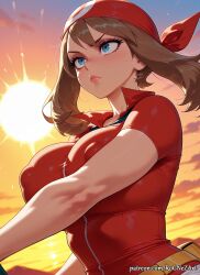 2026 ai_generated anime bandana bangs blue_eyes blush breasts brown_hair cleavage closed_mouth cloud covered_nipples crossover eyelashes fanny_pack female female_focus female_only flushed highres huge_breasts impossible_clothes large_breasts lips may_(pokemon) may_\\\\(pokemon\\\\) neutral_expression nintendo nsfw outdoors patreon patreon_username pokemon red_bandana red_shirt rognezart shirt short_sleeves sky solo sun sunset upper_body watermark web_address
