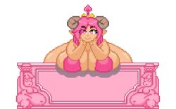 1girls animated areola_slip areolae blowing_kiss breast_expansion breasts cleavage crown devil_tail female female_focus female_only heart heart_symbol heatskoal horns hyper hyper_breasts large_breasts nipple_bulge pink_eyes pink_hair pixel_animation pixel_art pointy_ears princess_(princessofsmut) shaking_ass shaking_butt winking winking_at_viewer