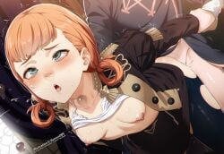 1boy 1girls :o adult_and_teenager age_difference ahe_gao annette_fantine_dominic arm_held_back bent_over black_pantyhose blue_eyes blush breasts byleth_(fire_emblem) byleth_(fire_emblem)_(male) commentary dannex009 english_commentary female fire_emblem fire_emblem:_three_houses garreg_mach_monastery_uniform grabbing_another's_arm hair_rings indoors long_sleeves male male_byleth_(fire_emblem) medium_breasts nipples older_male_and_younger_female older_penetrating_younger open_mouth orange_hair pantyhose rolling_eyes sex sex_from_behind short_hair small_breasts solo_focus straight teacher_and_student teenage_girl teenager teeth tongue tongue_out torn_clothes torn_pantyhose upper_teeth_only