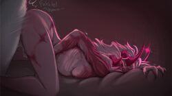 2_horns 2boys 3_horns ambiguous_penetration arm_between_legs burn_scar clawed_fingers completely_nude cum cum_on_fingers digital_art digital_drawing_(artwork) dripping dripping_cum duo face_down_ass_up from_behind from_behind_position fur gay heart hearts_around_head hidden_face horns inphernal long_hair medkit_(phighting) minimal_background motion_blur motion_lines naked naked_male no_background no_clothes obscured_face on_bed one_eye_obstructed phighting pink_horns pink_lighting pink_pupils procreate_(procreate_(software) raised_arm roblox roblox_game scar self_upload sex starsafterdawn subspace_(phighting) text thighs top_surgery_scars trans_man watermark