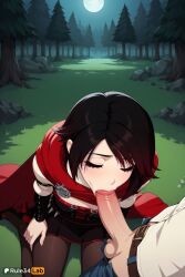 1boy 1boy1girl 1girls ai_generated belt black_hair blowjob breasts cape cloak closed_eyes fellatio female forest full_moon gradient_hair hi_res high_heels moon multicolored_hair nature night oral outdoors pants pantyhose penis red_hair ruby_rose rule34lab rwby short_hair sitting solo_focus straight testicles tree two-tone_hair uncensored watermark