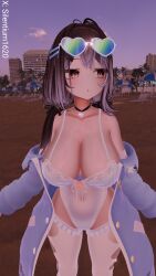 1girls beach breasts choker collar female frills glasses gloves jacket large_breasts leotard open_mouth rose silentium1620 silya tagme thighhighs vrchat vrchat_avatar vrchat_booth