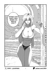 absurdres alternate_hairstyle black_panties border breasts commentary english_text female greyscale highres indoors jewelry large_breasts li9999 lynae_(wuthering_waves) monochrome panties polish_text shirt underwear wuthering_waves