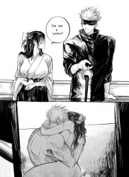 1boy 1boy1girl 1girls 2_panel_comic 2koma are_you_a_virgin?_(meme) black_hair blindfold dialogue erotic jujutsu_kaisen long_hair lotus_position miko_outfit nude parody qeanoya satoru_gojo sex short_hair sitting sitting_on_lap sitting_on_person speech_bubble spilled_drink spilling_drink utahime_iori white_hair