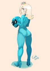 2015 ass back_view blonde_hair blue_bodysuit blue_eyes blush bodysuit boots butt_crack cameltoe colo crown earrings female female_only gloves hair headgear helmet helmet_removed high_heels highres human long_hair looking_at_viewer looking_back mario_(series) motorcycle_helmet nintendo png princess_rosalina sideboob signature simple_background skin_tight solo standing sweat