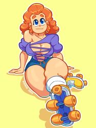 1girls breasts brown_eyes brown_hair crop_top female hourglass_figure light-skinned_female light_skin looking_at_another miniskirt navel no_panties orange_eyes orange_hair orange_skirt orange_sports_bra pale-skinned_female pale_skin pin_up pinup pussy roller_skates rollerskates short_hair skates skirt solo solo_female solo_focus sports_bra thick_thighs patata_dave keyla_(patatadave) purple_dress soles_female yellow_background 2026
