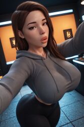 1girls 3d 3d_(artwork) ai_generated big_ass big_breasts brown_hair busty hoodie ivy_(oc) radnsad selfie skin_tight solo solo_female solo_focus thick_thighs tight_clothing tight_fit yoga_pants