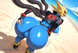 1990s ai_assisted ai_generated back_view beach big_breasts black_tentacles blue_bodysuit bodysuit bouncing_breasts building camel_toe colored_sclera cropped_jacket curvy dutch_angle dynamic_angle erect_nipples fingerless_gloves full_body giratina gloves grabbing_butt happy hip_focus jacket looking_at_viewer looking_back looking_behind motion_lines open_mouth red_eyes shiny_skin smile spanking_butt standing toned_body underbutt wide_hip