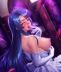 1girls ahe_gao areola bare_shoulders bimbo blue_hair blush breasts breasts_out bridal_gauntlets bride busty cleavage curvy dress erect_nipples exposed_breasts exposed_nipples female gloves happy hourglass_figure human kagami_hirotaka large_breasts lilith-soft long_hair looking_at_viewer looking_back makeup naughty_face nipples presenting_breasts puffy_nipples red_eyes ring saliva shiny shiny_hair shiny_skin smile solo standing sweat sweatdrop taimanin_(series) taimanin_asagi taimanin_asagi_battle_arena tiara tongue_out voluptuous wedding_dress wedding_ring white_skin yatsu_murasaki