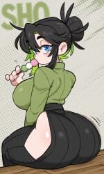 1girls black_hair blue_eyes dango eating eating_food green_clothing green_highlights hair_bun hakama huge_ass kimono knights_of_the_wandering_castle lady_kitakaze_no_shodan large_breasts looking_at_viewer original original_character pink-chan samurai sitting someone_else's_oc viewed_from_behind