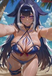 ahoge ai_generated animal_ears arm_tattoo armpits ass_visible_through_thighs bangs bare_shoulders beach belt_collar bikini black_hair blue_bikini blue_collar blue_hair blue_sky blush body_markings breasts chest_tattoo cleavage clothing cloud collar collarbone criss-cross_halter day duxvector facial_mark facial_tattoo female female_only grin halterneck heart_ahoge large_breasts lips long_hair looking_at_viewer multicolored_hair navel ocean outdoors outstretched_arms palm_tree patreon_logo patreon_username purple_eyes seductive_smile shylily shylily_(bikini) side-tie_bikini_bottom skindentation sky smile solo stomach streaked_hair striped_bikini striped_clothes sweat swimsuit tattoo teeth thick_thighs thigh_strap thighs tree very_long_hair virtual_youtuber water wet white_hair