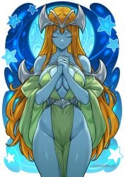 1girl bare_shoulders blonde_hair blue_skin breasts cleavage closed_eyes closed_mouth colored_skin commentary curvy cut-out dress duel_monster elf english_commentary exposed female female_only fringe green_dress headpiece hi_res highres interlocked_fingers konami large_breasts long_hair mystical_elf necklace no_panties own_hands_together patreon_username pelvic_curtain pointy_ears pose praying redjet semi_nude sideboob slit_dress slit_dresses standing star_(symbol) thick_thighs thighs voluptuous wide_hips yu-gi-oh! yu-gi-oh!_duel_monsters