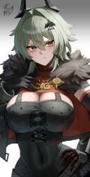 :/ absurdres armor black_gloves black_horns black_sleeves blush breastplate breasts caesar_king_(zenless_zone_zero) cleavage closed_mouth commentary_request covered_navel detached_sleeves fake_horns female female_only fur-trimmed_jacket fur_trim gloves gradient_background green_hair grey_background hair_between_eyes hair_intakes hair_ornament hairband hana_hebi hand_on_own_hip highres horn_hairband horns jacket large_breasts looking_at_viewer orange_eyes prosthesis prosthetic_arm short_hair signature single_glove solo upper_body v-shaped_eyebrows white_background zenless_zone_zero