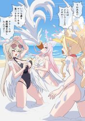 3girls animal_ears blue_archive cake cake_slice commentary_request copyright_request cream food haruma_(messy_illust) highres mika_(blue_archive) mika_(swimsuit)_(blue_archive) multiple_girls nagisa_(blue_archive) nagisa_(swimsuit)_(blue_archive) one_eye_closed original pink_hair seia_(blue_archive) seia_(swimsuit)_(blue_archive) swimsuit
