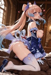 1boy 1girl ahegao ai_generated ass bare_shoulders blue_dress blue_hair blunt_bangs blurry blurry_background blush bow-shaped_hair breasts breasts_out censored clothed_female_nude_male clothed_sex colored_tips cowgirl_position dark-skinned_male dark_skin detached_collar detached_sleeves dress feet frilled_sleeves frills from_side genshin_impact girl_on_top gloves gradient_hair hair_ornament half_gloves heart hetero indoors interracial long_hair long_sleeves lying medium_breasts mosaic_censoring motion_lines multicolored_hair nipples nude open_mouth penis pink_hair ponytail purple_eyes saliva sandals sangonomiya_kokomi sex skindentation solo_focus straddling sweat thighhighs thighs tongue tongue_out two-tone_hair vaginal vantawaifu veins veiny_penis very_long_hair white_gloves white_thighhighs wide_sleeves