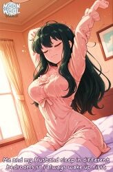 ai_assisted ai_generated arms_up bedroom big_breasts black_hair breasts caption closed_eyes closed_mouth clothed clothed_female comic curvy curvy_body curvy_female hair_down large_breasts long_hair moonwool_branch on_bed red_eyes spy_x_family stretching talking talking_to_self thick_ass thick_thighs thighs uncensored waking_up yor_briar yor_forger