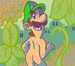 1boy ass blue_eyes brown_hair butt eyebrows facial_hair green_hat hat humanoid leaf light-skinned_male light_skin looking_back luigi male male_only mario_(series) mature mature_male naked naked_man nintendo no_visible_genitalia nude nude_male outdoors plant short_hair smiling solo solo_focus solo_male teeth toony unknown_artist vines