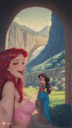 2girls ai_generated aisinful aladdin_(1992_disney_film) ariel_(the_little_mermaid) ass bare_shoulders barefoot beach big_ass big_breasts big_butt blush breasts cloud crossover disney disney_princess female female_only hair_ornament hairclip hi_res horizon jasmine_(aladdin) large_breasts long_hair medium_breasts mountain multiple_girls ocean open_mouth outdoors river sand shore sky smile the_little_mermaid_(1989_film) thick_thighs water wide_hips