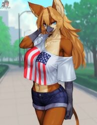 furry avian gryphon scuted_arms brown_body brown_fur countershading countershade_torso white_countershading blonde_hair dirty_blonde_hair long_hair beak black_beak brown_highlights gradient_eyes blue_eyes green_eyes large_breasts navel midriff midriff_peek midriff_baring_shirt shorts denim denim_shorts jean_shorts overhang crop_top_overhang off_shoulder looking_at_viewer outdoors day no_bra american_flag_print american_flag_shirt white_shirt short_sleeves 1girl solo female ai_generated zorkpics busty_petite slim