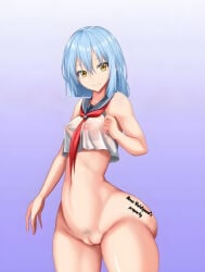 anos_voldigoad areolae blue_hair branded branding_mark fair_skin implied_secret_relationship maou_gakuin_no_futekigousha name_drop name_tag nipple_bulge nipples nipples_visible nipples_visible_through_clothing powerscaling property pussy rimuru_tempest slime small_body small_breasts student_uniform tensei_shitara_slime_datta_ken thick_ass thick_thighs whore yellow_eyes