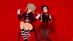 2girls 3d black_hair black_hair_female clothed_female crossover eastern_and_western_character female female_only green_eyes laying_on_back littlered-rose maka_albarn red_highlights ruby_rose rwby sandy_blonde_hair silver_eyes soul_eater