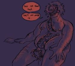 artist_request blush body_hair body_horror breasts breasts_apart breasts_out chubby chubby_female cleaver cleaver_(knife) cleaver_(weapon) english english_text fangs hand_on_thigh hand_on_weapon hellen_(look_outside) look_outside monster monster_girl monster_pussy naked naked_female nude nude_female purple_background pussy short_hair simple_background sitting sitting_down solo solo_female solo_focus speaking speech_bubble spread_legs sweat sweatdrop sweaty sweaty_body tagme teeth teeth_gap teeth_showing teeth_visible vagina vagina_dentata