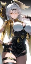 1other ahoge animal animal_on_shoulder armlet big_breasts bird bird_on_shoulder black_bird black_gloves black_unitard breasts coin coin_on_string commentary_request female female_only fingerless_gloves garter_straps gloves gradient_background hair_between_eyes hair_ornament hairpin hana_hebi hand_on_own_hip high-waist_shorts highres human jacket jewelry large_breasts long_hair looking_at_viewer parted_lips shorts single_garter_strap single_hair_intake single_thighhigh solo_focus thigh_strap thighhighs white_background white_hair yellow_eyes yellow_jacket yixuan_(zenless_zone_zero) zenless_zone_zero