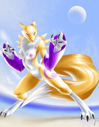 anthro breasts chest_tuft claws clothing digimon digitigrade female gloves jonas-pride looking_at_viewer moon mostly_nude navel nipples pussy renamon solo tuft