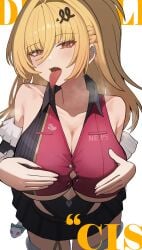 absurdres bare_shoulders black_skirt blonde_hair blush breasts breath button_gap cissia_(zenless_zone_zero) cleavage commentary detached_sleeves drooling fangs female female_only grabbing_own_breast hair_between_eyes hair_ornament hairclip highres large_breasts long_hair looking_at_viewer oro_(lsg0624) red_eyes saliva simple_background skirt snake solo tongue tongue_out white_background white_snake zenless_zone_zero