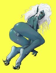 black_skin claws dripping dripping_pussy elf female freckles looking_at_viewer pointy_ears pussy sharp_teeth solo white_hair