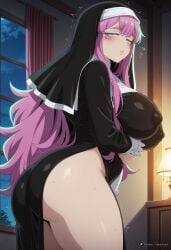 1girls absurdres ai_assisted ai_generated aqua_eyes ass bangs black_dress black_thighhighs blue_eyes blush breast_hold breast_lift breasts candle closed_mouth covered_nipples curtains curvy dress female female_only flying_sweatdrops gloves grabbing_own_breast green_eyes habit high_resolution highres huge_ass huge_breasts indoors kobenibeni lamp lantern large_breasts long_hair long_sleeves looking_at_viewer looking_back mahou_shoujo_ni_akogarete night night_sky nun parted_lips pelvic_curtain pink_hair plump purple_hair questionable sensitive side_slit sister_gigant sky solo sweat thick_thighs thighhighs thighs trembling veil very_long_hair white_gloves window