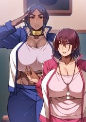 2girls bbw big_breasts breasts brown_hair comic curvy dark-skinned_female dark_skin gigantic_breasts gym_uniform hi_res hourglass_figure huge_breasts korotsuke large_breasts medium_hair muscular muscular_female naomi_tokunaga older_female purple_eyes tall_female teacher textless the_creepy_glasses_girl thick_thighs thighs voluptuous