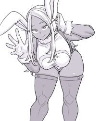 animal_ears arm_behind_head bare_shoulders bent_over boku_no_hero_academia breasts commentary_request covered_collarbone crescent_print female female_only fur_collar gloves gluteal_fold greyscale hand_up highleg highleg_leotard highres human humanoid large_breasts leotard long_eyelashes long_hair looking_at_viewer mirko miruko monochrome my_hero_academia parted_bangs rabbit_ears rabbit_girl rumi_usagiyama shosho_oekaki smile solo thick_thighs thighhighs thighs toned toned_female very_long_hair