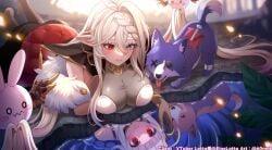 1girls 60mai_(artist) blue_eyes einelotta elf female grey_hair heterochromia indie_virtual_youtuber large_breasts red_eyes reflection tits virtual_youtuber vtuber water