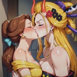 2girls against_wall ai_generated arm_at_side bangs barefoot beauty_and_the_beast_(1991_film) belle_(beauty_and_the_beast) big_breasts black_kimono black_maria blonde_female blonde_hair blush bopitphy breast_press breasts brown_hair cleavage closed_eyes collarbone couple crossover demon_girl demon_horns disney disney_princess dress duo earrings eastern_and_western_character elbow_gloves female/female female_only gloves hair_bun height_difference horns hugging indoors japanese_clothes jewelry kimono kissing lips lipstick long_hair love makeup medium_breasts monster_girl multiple_females multiple_girls mutual_yuri neck off-shoulder_dress off_shoulder one_piece oni_female oni_horns parted_bangs princess red_lipstick romantic romantic_couple shadow straight_hair symmetrical_docking tied_hair upper_body very_long_hair yellow_dress yellow_gloves yuri