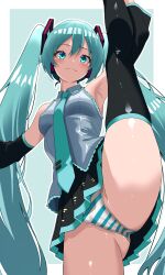 absurdres ass commentary_request female female_only from_below hatsune_miku highres panties pantyshot pussy reimu0116 skirt split standing standing_on_one_leg standing_split thighs underwear vocaloid