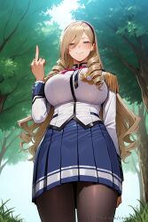 ai_generated arm_behind_back bangs black_pantyhose blonde_hair blue_eyes blue_skirt blue_sky blush breasts brown_pantyhose celia_cumani_aintree closed_mouth cowboy_shot day drill_hair drill_locks epaulettes female forest from_below grass hair_between_eyes hairband half-closed_eyes hand_up jacket large_breasts long_hair long_sleeves looking_at_viewer looking_down middle_finger miniskirt mole nature outdoors pantyhose pleated_skirt school_uniform shirt skirt sky smile solo standing staticdesire tree twin_drills very_long_hair white_jacket white_shirt
