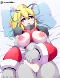 :d aged_up android antennae arm_behind_back arm_up armor arms_up bikini bikini_armor black_gorget blonde_hair blue_background blue_eyes blush bodysuit breastplate breasts censored commentary_request cowboy_shot earphones female gorget green_eyes green_ribbons grey_bodysuit hair_between_eyes hair_ribbon hairband hand_on_own_stomach headphones high_ponytail hyper_roll_(marvel_vs._capcom) ikanomaru joints large_breasts long_hair looking_at_viewer lying marvel_vs._capcom marvel_vs._capcom_2 mechanical_arms mechanical_legs mega_man_(classic) mega_man_(series) metal_gloves nipples on_back on_bed open_mouth pillow ponytail radio_antenna red_armor red_bikini ribbon robot robot_girl robot_joints roll_(mega_man) shoulder_armor sidelocks simple_background smile solo swimsuit teeth upper_teeth_only variant_set white_background