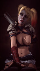 1girls 3d armbands baseball_bat batman:_arkham_knight batman_(series) belly blonde_hair blue_eyes breasts clothes clothing cowgirl_position dc dc_comics dyed_hair female female_only harley_quinn harley_quinn_(arkham) harley_quinn_(arkham_knight) large_breasts makeup multicolored_hair myztsfm navel red_hair ride riding skirt solo source_filmmaker tied_hair twintails